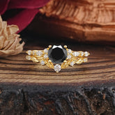 Vintage Botanical 4-Prong Round Cut Natural Black Onyx Ring Set